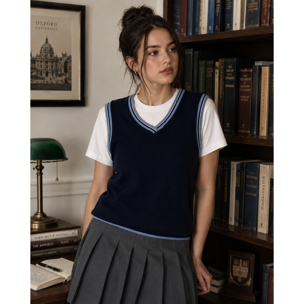 LA Gold Plus Women Navy Blue Layered Sweater Vest T-Shirt Top 100% Cotton V-Neck